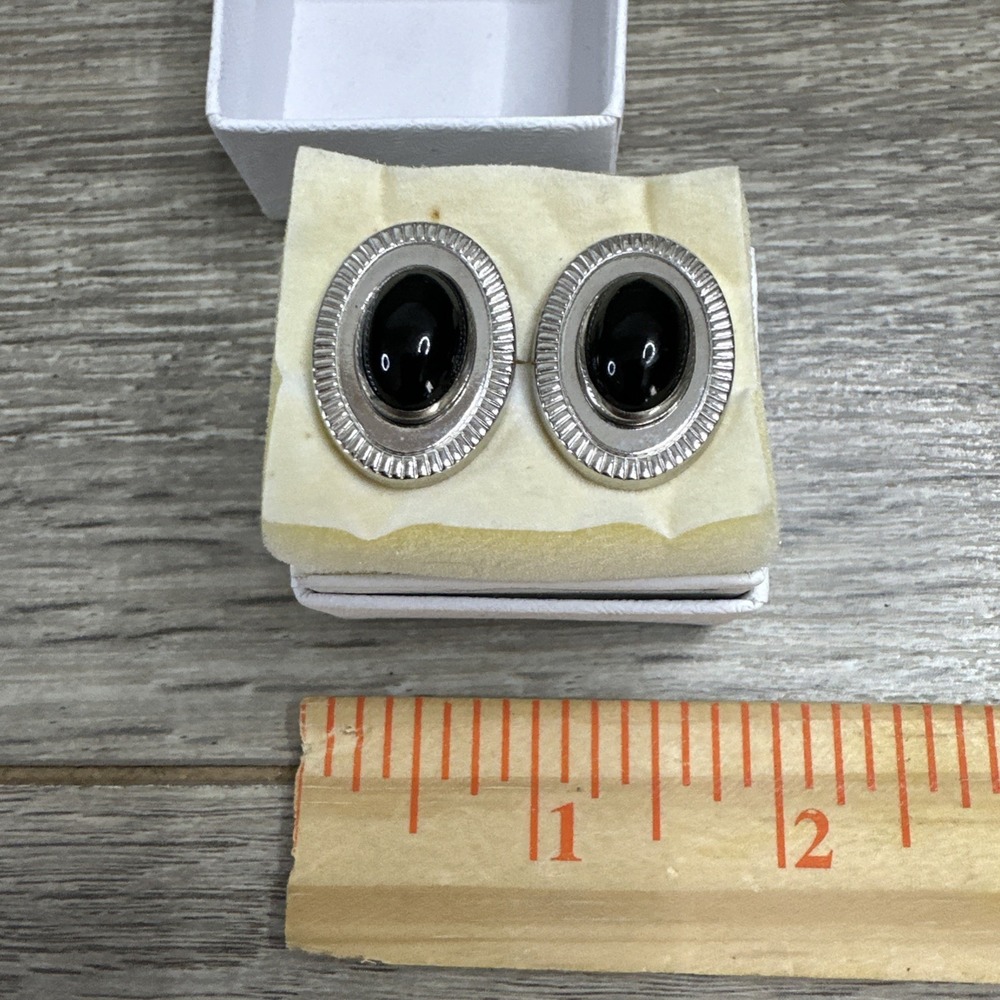 Vtg Estate Silver Tone‎ ANSON Black Lucite Center Stone Oval Dress Cufflinks